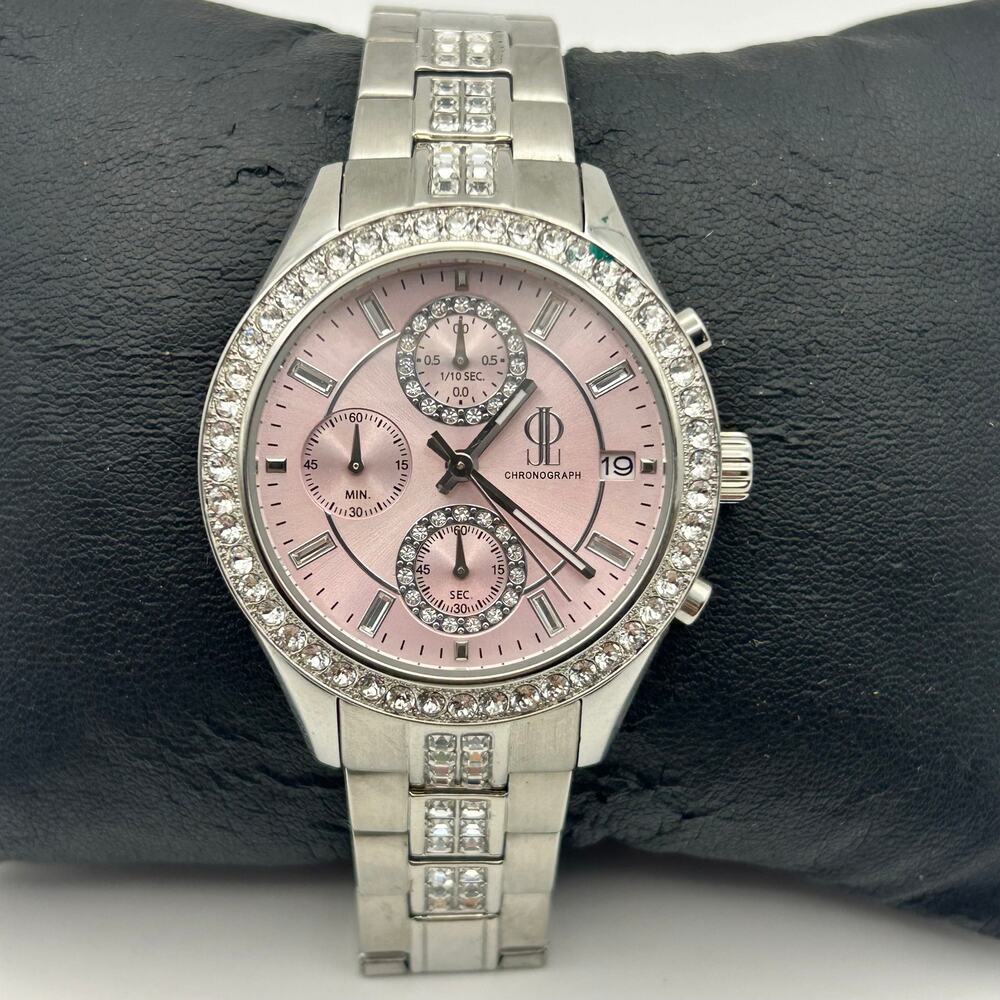 Jennifer Lopez Silver Tone Pink Dial Crystal Accents Women’s Chronograph Watch
